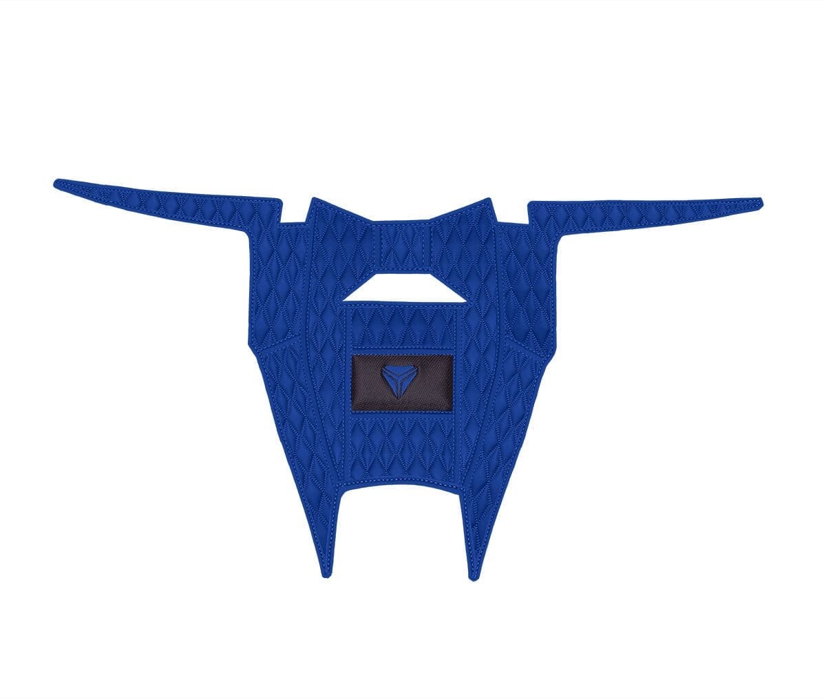 Blue mechanical bull head with long horns and a digital display.