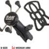 Black RAM Mount phone holder with medium-length arm and X-shaped grip.