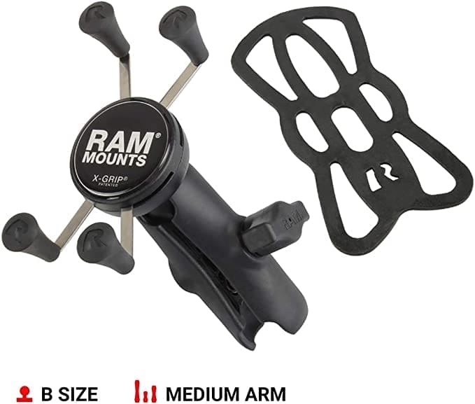 Black RAM Mount phone holder with medium-length arm and X-shaped grip.