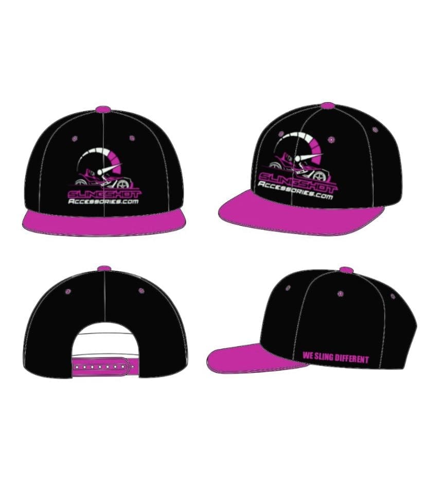 Black and purple snapback cap with a logo on the front panel.