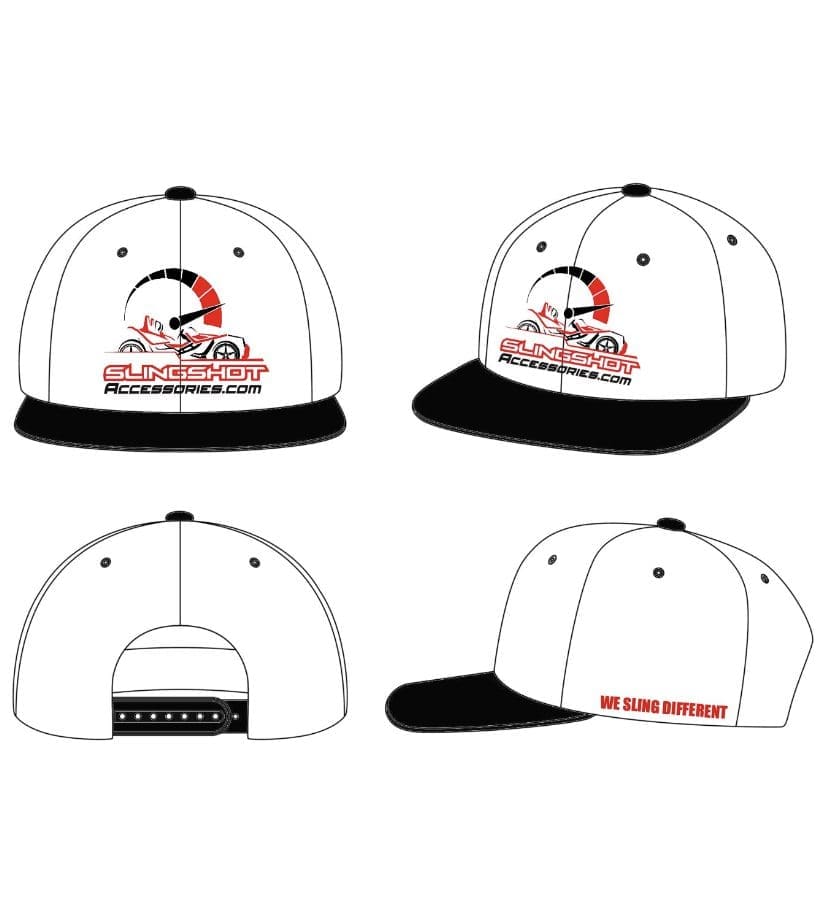 A white and black cap with a red and black design on the front and text.