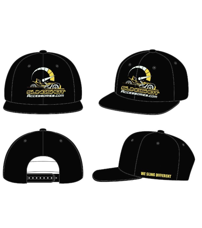 Black baseball cap with a yellow and white logo and text.