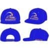 Blue snapback hats with a logo on the front panel.