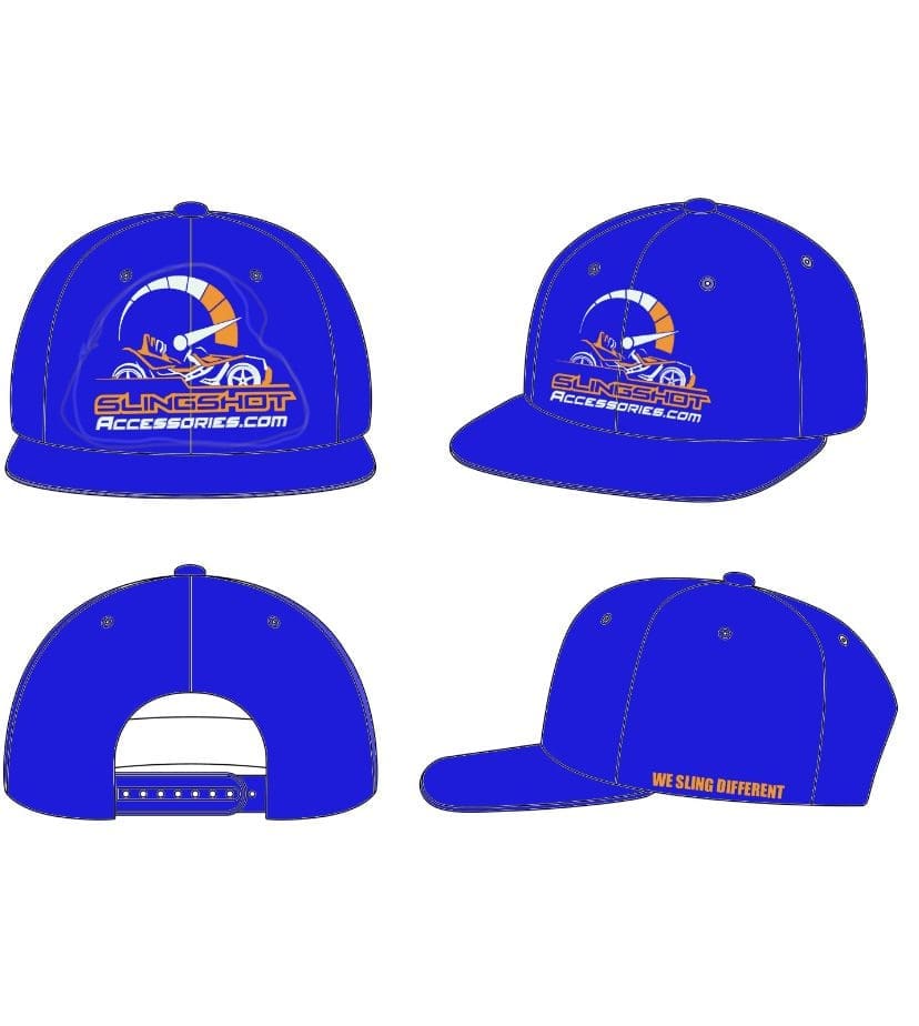 Blue snapback hats with a logo on the front panel.