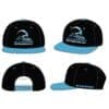 Black and blue snapback hats with a logo on the front and side.
