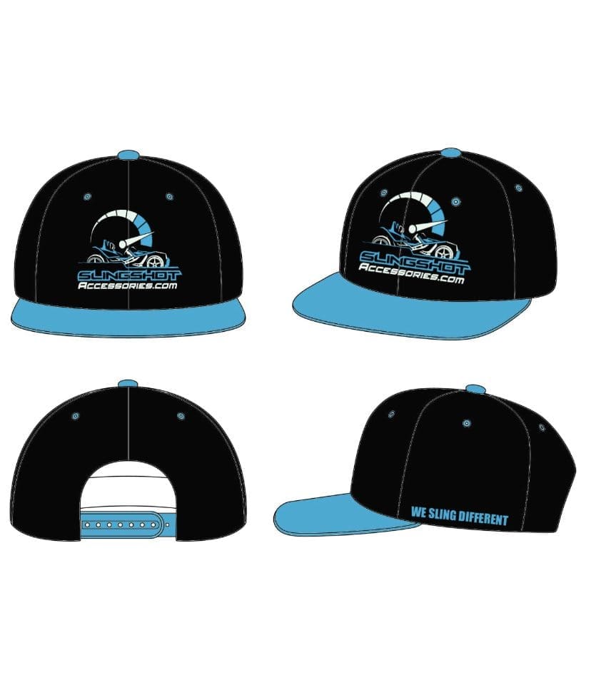 Black and blue snapback hats with a logo on the front and side.