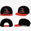 Four views of a black and red baseball cap with a logo and text.