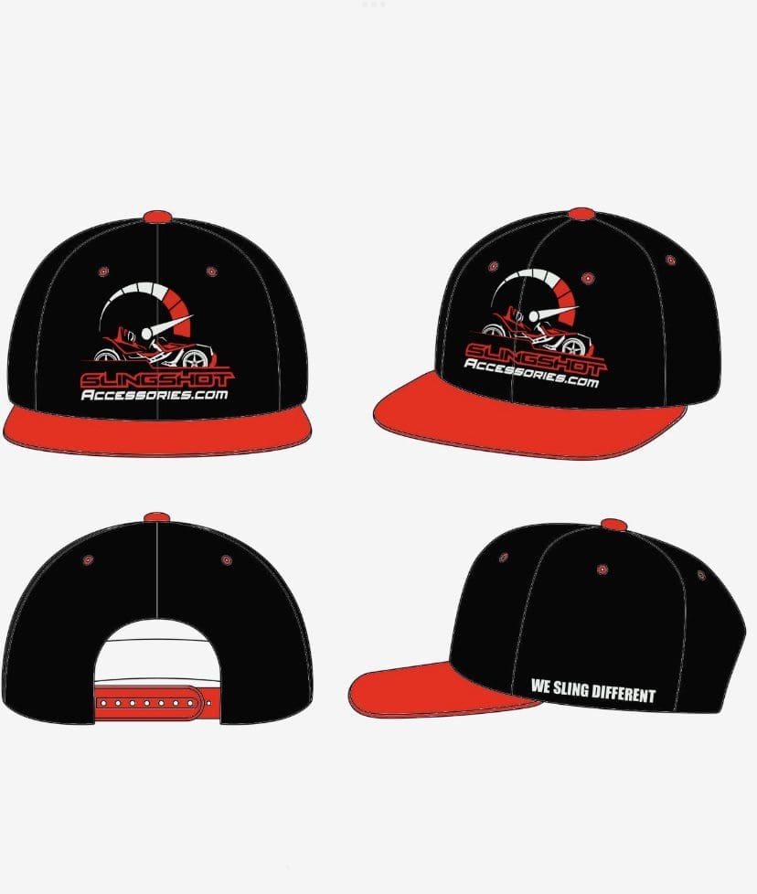 Four views of a black and red baseball cap with a logo and text.