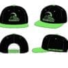 Black and green cap with logo and text design.