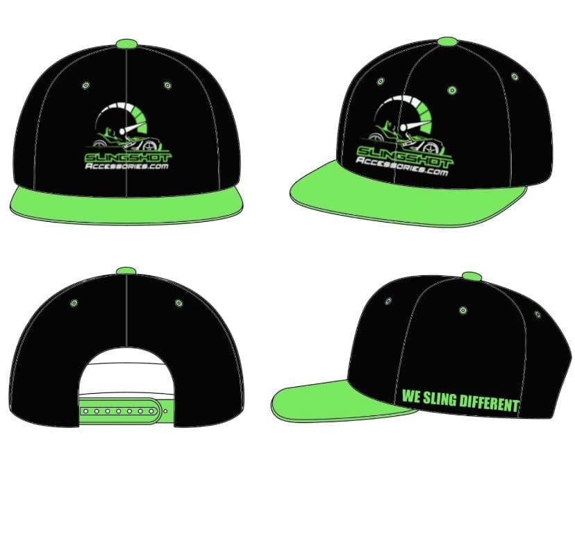 Black and green cap with logo and text design.
