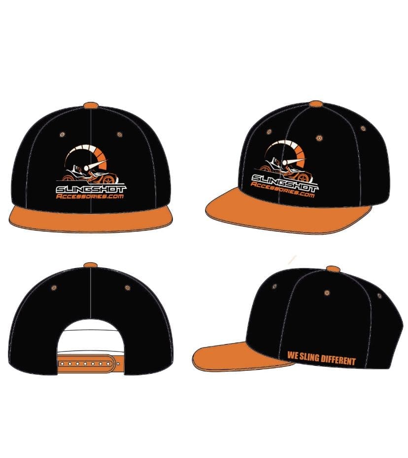 Black and orange baseball caps with a logo on the front.