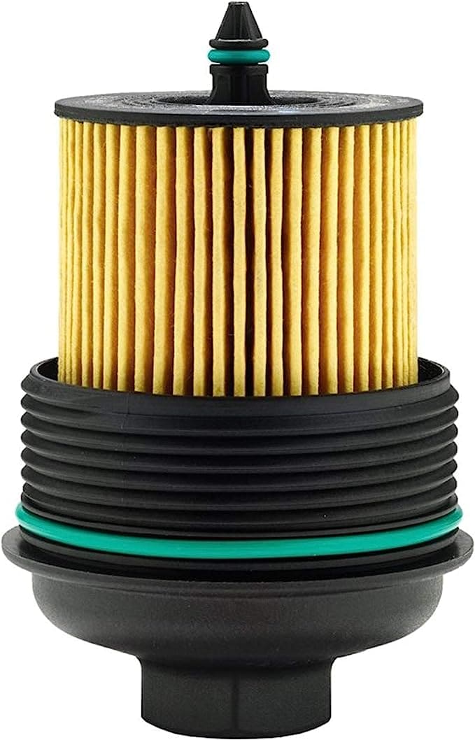 Close-up of a cylindrical pleated paper filter with rubber seals.
