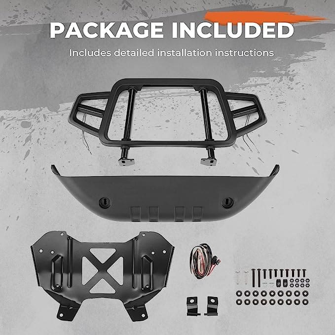 Package contents including rubber gaskets, metal brackets, screws, and clips.