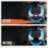 Before and after images of a blue motorcycle fuel tank with a restored shiny finish.