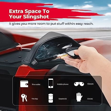 Hand placing sunglasses into a spacious black slingshot case with red accents.