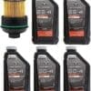 Motorcycle oil filter and five bottles of Mobil 1 synthetic oil.