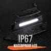 IP67 waterproof LED light with water droplets on surface.