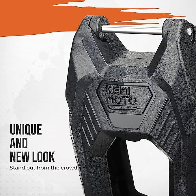 Close-up of a rugged black motorcycle part with a unique design and 'KEPI MOTO' branding.