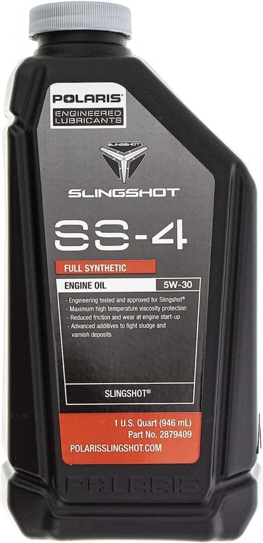 Bottle of Slingshot SS-4 full synthetic engine oil 5W-30.