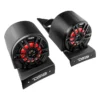 Pair of black and red car speakers with mounting brackets.