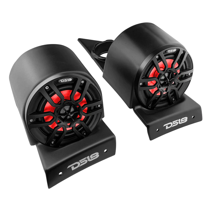 Pair of black and red electric horns mounted on black bases.