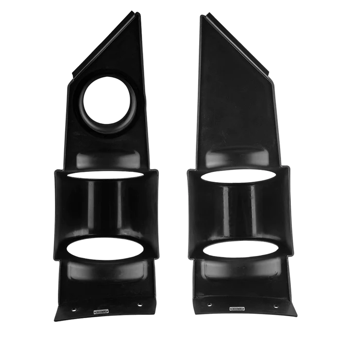 Two black plastic automotive interior corner panels with circular cutouts.