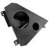 Black plastic automotive air intake duct with mounting brackets.