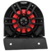Black and red speaker with a mounting bracket.