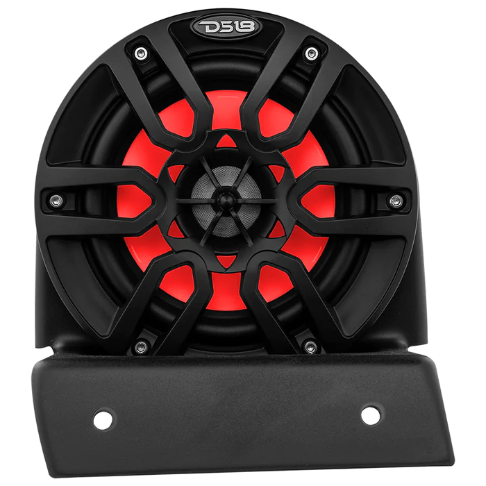 Black and red speaker with a mounting bracket.