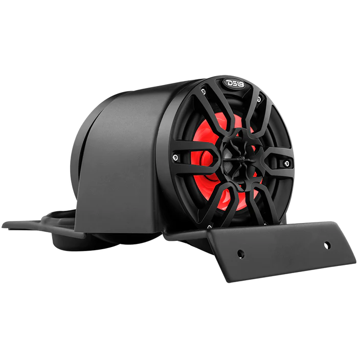 Black and red siren speaker with mounting bracket.