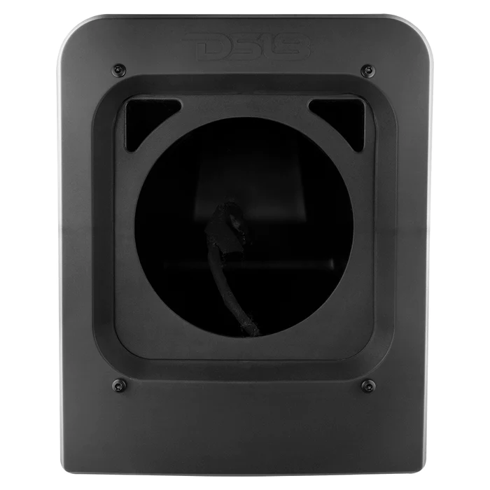 Black rectangular device with a circular opening and internal fan.