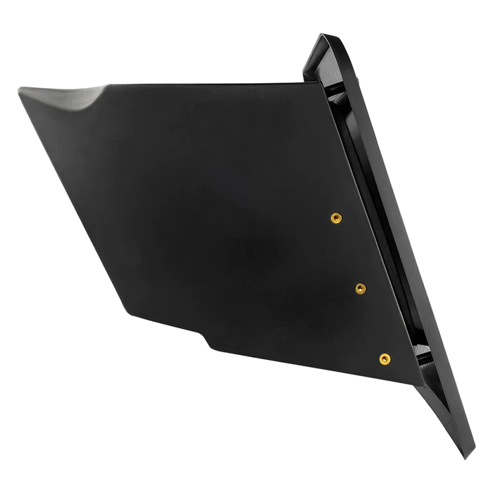 Black plastic wall-mounted mailbox with a slanted lid and gold screws.