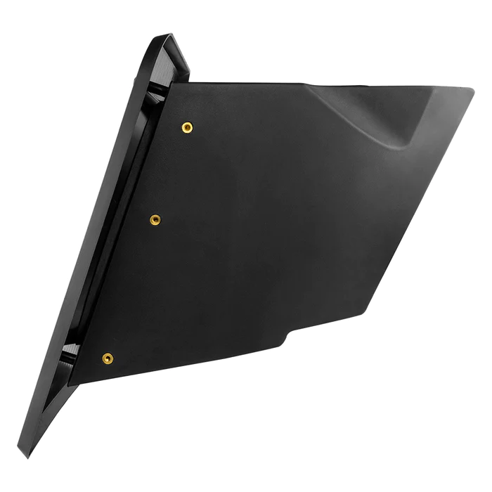 Black metal bracket with mounting holes and angled design.