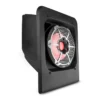 Black wall-mounted exhaust fan with protective grill and red center.