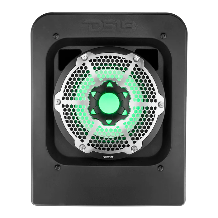 Front view of a black speaker with a glowing green ring around its central speaker cone.