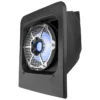 Black industrial ventilation fan with protective grille and blue center.