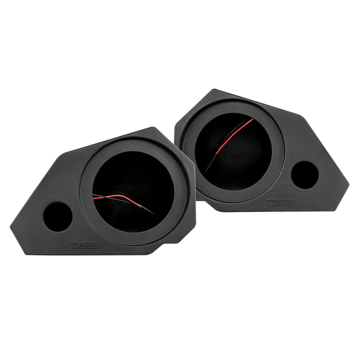 Two black automotive gauge pods with circular openings and angled designs.