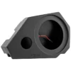 Black plastic car speaker enclosure with two circular openings.
