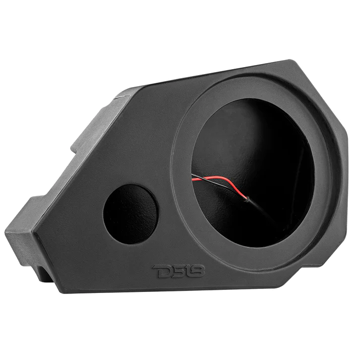 Black plastic car speaker enclosure with two circular openings.