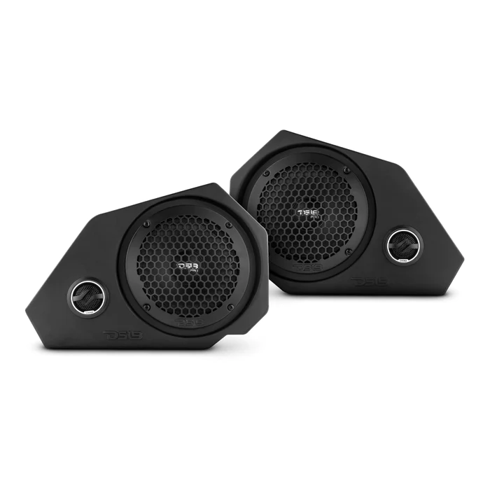 A pair of black Hexagonal speakers with mesh covers and a logo.