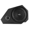 Black compact speaker with a mesh grille and control knob.