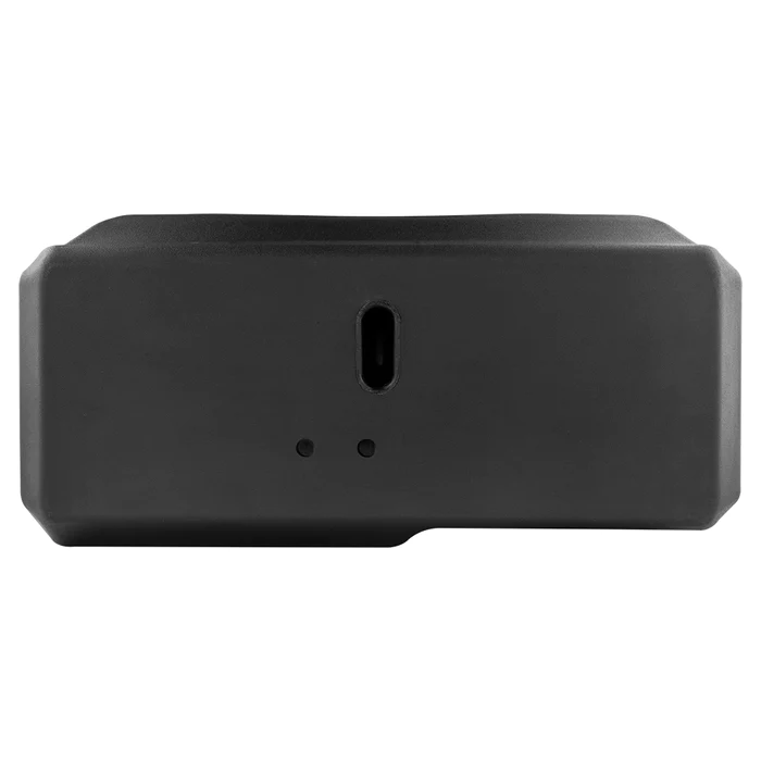 Black rectangular electronic device with ports and a button.