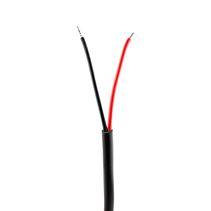 A black cable with two exposed wires, one red and one black.