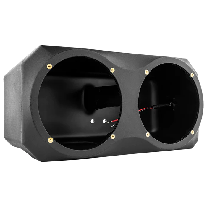 Dual subwoofer enclosure with circular ports and black finish.