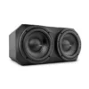 A black dual-subwoofer speaker unit designed for powerful bass.