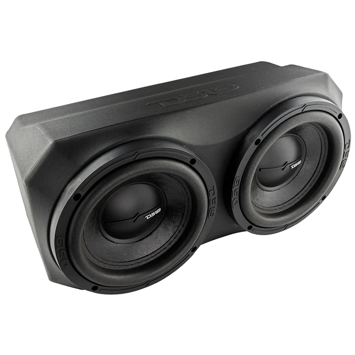 A black dual subwoofer speaker enclosure.