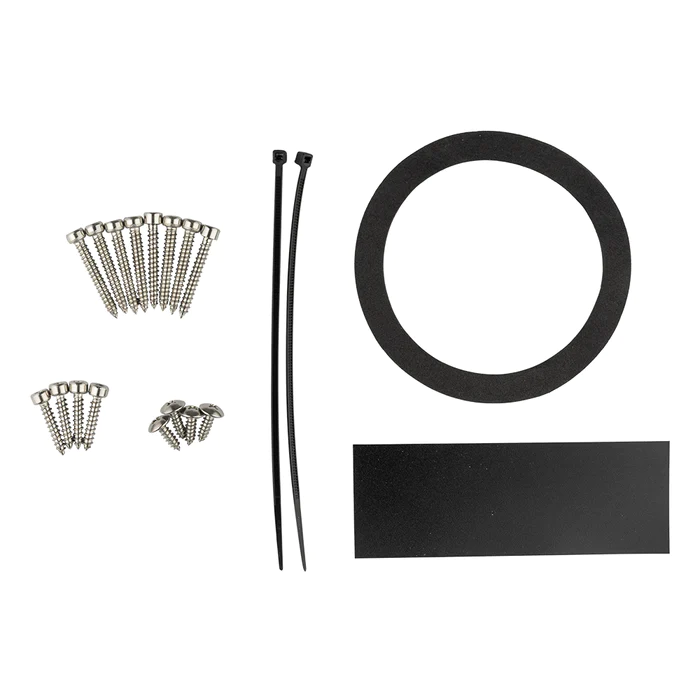 A set of cable management accessories including zip ties, adhesive strips, and screws.