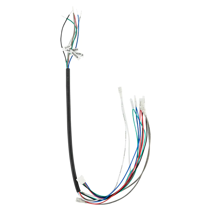 Multi-colored wire harness with a black cable sleeve and exposed wire ends.