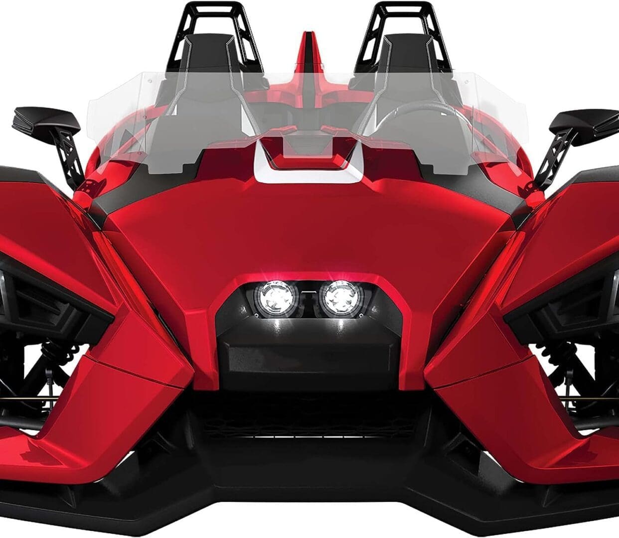 Front view of a sleek red three-wheeled vehicle with dual seats.