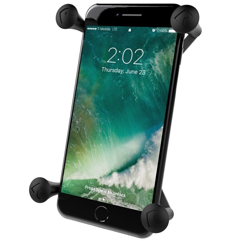 Smartphone secured in a black corner mount holder.